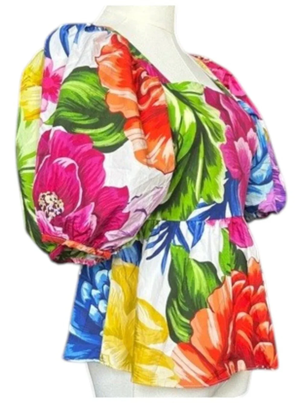 Farm Rio Chita Floral Peplum Top Puff Sleeve Square Neck XS